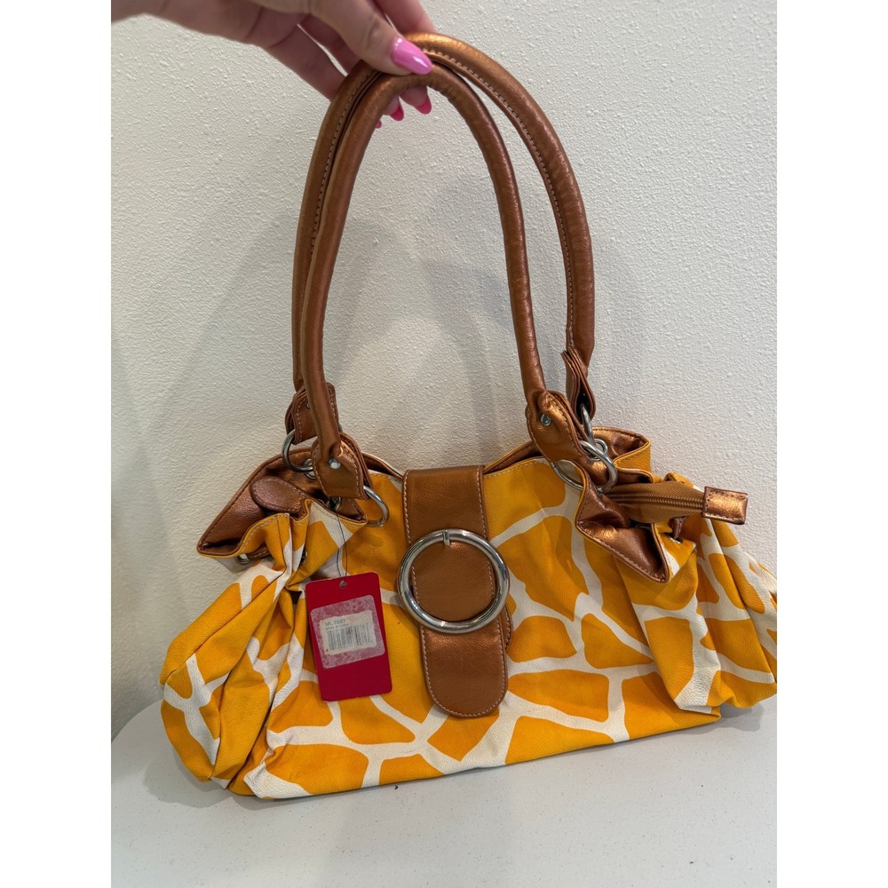 Melrose Yellow Giraffe Print Shoulder Bag Metallic Bronze Trim ML709D NEW
